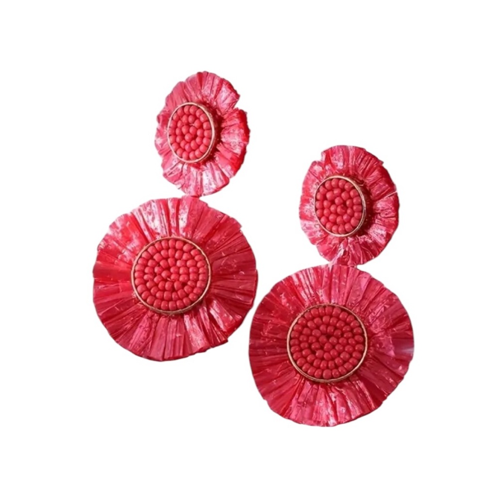 Red Raffia Grass Round Dangle Earrings